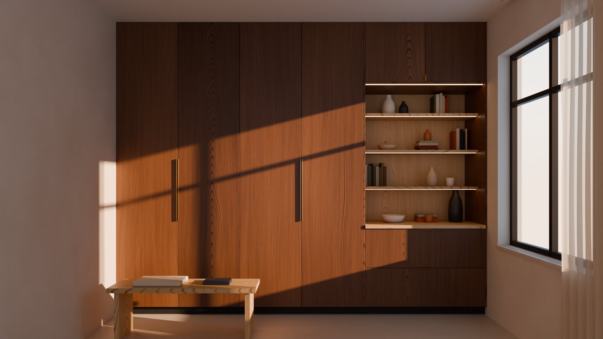 Concept render: a walnut wall wardrobe and open oak shelving lit by low, warm dawn sunlight through a window